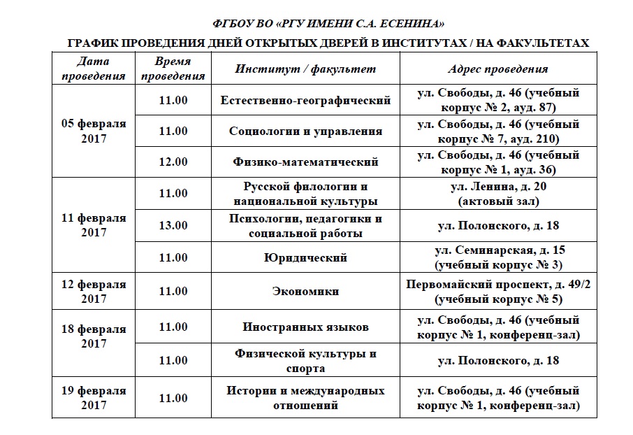 Ргу специальности г рязань факультеты. РГУ им Есенина факультеты г.Рязань. Рязань институт Есенина. План дня открытых дверей. Программа дня открытых дверей.